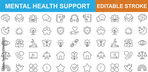 Bild auf Leinwand Mental health support editable stroke icons set Transparent Background