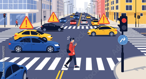 Dangerous traffic situation shows a distracted pedestrian crossing the street with headphones while cars drive through the city intersection.