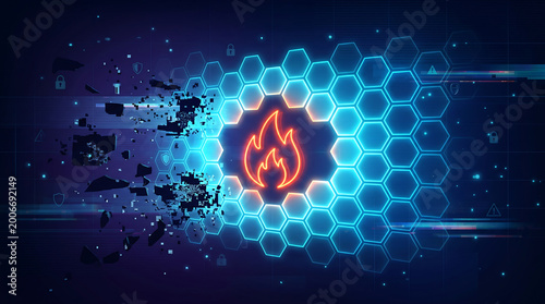 Futuristic network firewall security concept with glowing orange flame icon protected by digital honeycomb shield being attacked by glitch fragments and pixels on dark background