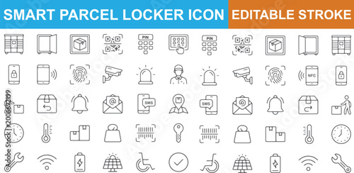 Smart parcel locker icon set with editable stroke Transparent Background