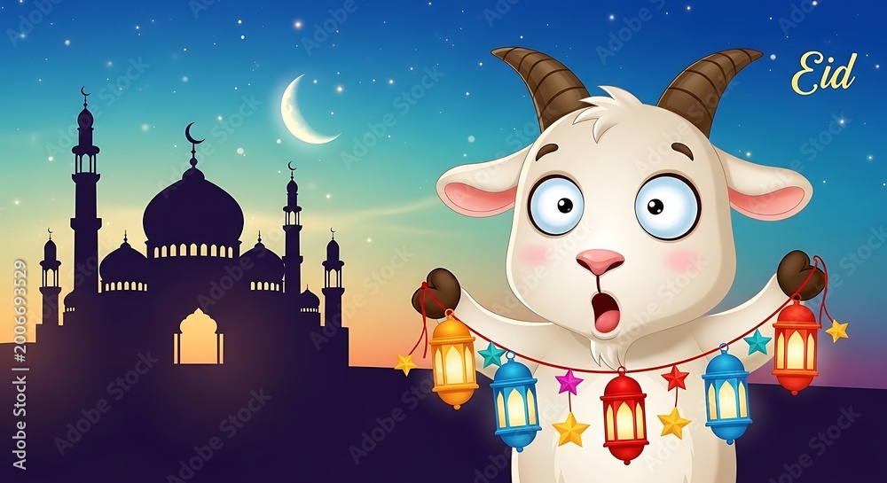 Naklejka premium Happy cartoon goat celebrating eid with lanterns