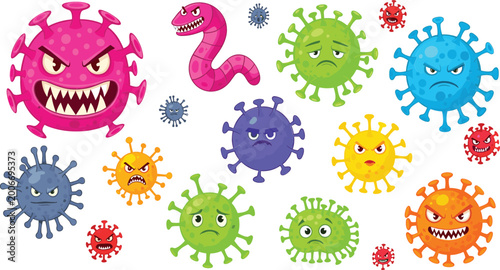 Obraz na plátně Cartoon Virus and Bacteria Character Set Featuring Angry, Sad, and Mean Pathogen