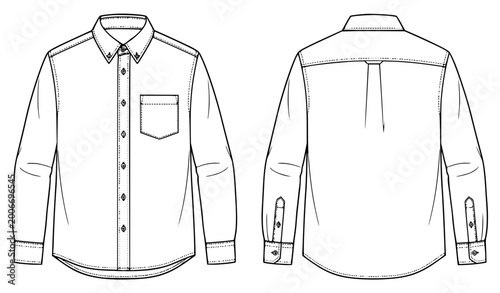 Fotografija Men’s long sleeve button down shirt front and back view flat fashion sketch vect