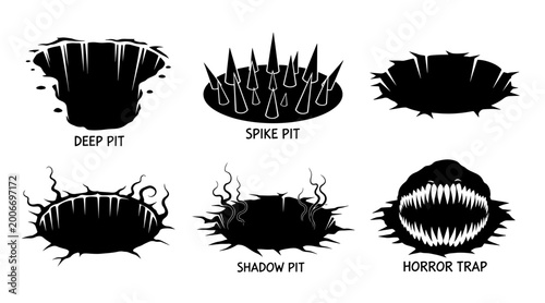 Fotografía six halloween danger pit icons with spiky traps and shadowy hazards vector illus