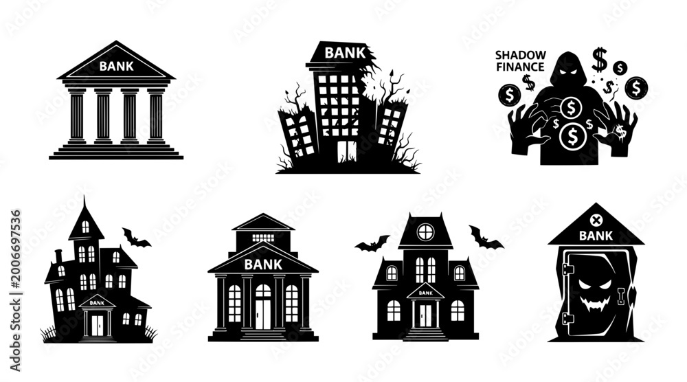 Fototapeta premium Halloween Bank & Shadow Finance Icons: Spooky Buildings, Haunted Houses, and Financial Crime Silhouettes