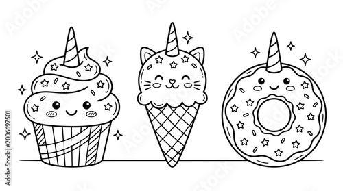 Bild auf Leinwand Adorable kawaii unicorn treats a cupcake ice cream and donut delight in black an