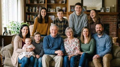 A family portrait of a large extended family with multiple generations, including grandparents, parents, children, and grandchildren, sitting on a couch in a cozy living room with a wooden bookshelf.