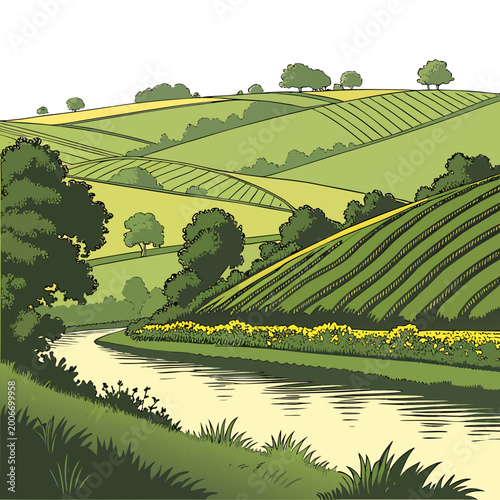 Obraz na płótnie Green hills and river landscape with yellow flowers