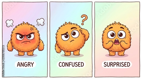 Cute Cartoon Fuzzy Monster Character Expressing Angry, Confused, and Surprised Emotions in a Comic Panel Illustration