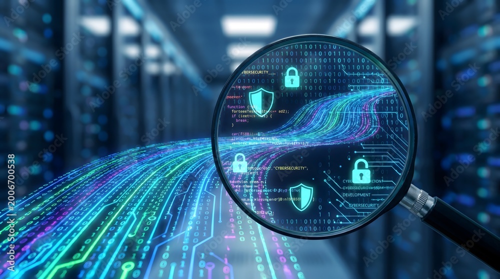 Fototapeta premium Cybersecurity Data Protection and Network Security Analysis with Magnifying Glass over Digital Stream in Server Room