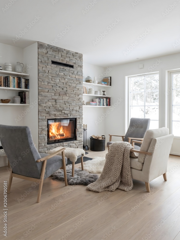 Fototapeta premium Cozy Modern Living Room with Stone Fireplace, Comfortable Armchairs, and Snowy Winter View