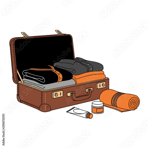 Open Black Suitcase with Essentials – Concept of Travel Organization