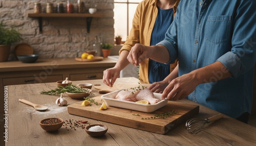 Couple seasoning raw chicken legs in warm home kitchen