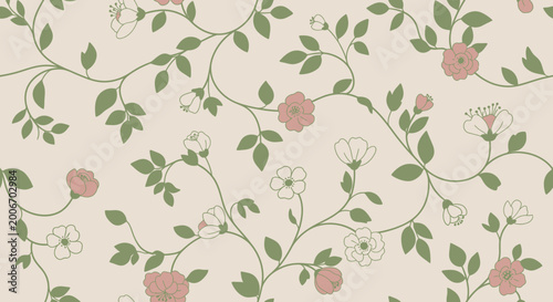 Seamless Vintage Floral Pattern with Pink Blossoms and Green Vines, Elegant Botanical Wallpaper on Light Beige Background