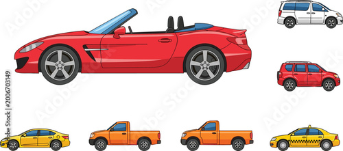 Foto Colorful car illustration set with red convertible, taxi, pickup truck, and vari