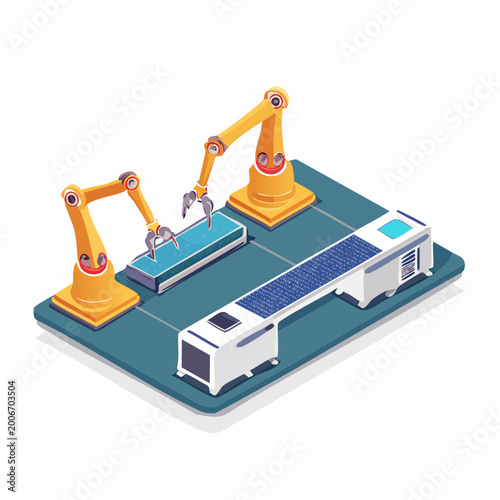 3D Isometric Automated Robot Factory Assembly Line