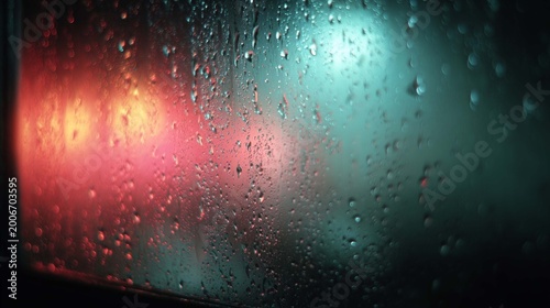 雨粒のついた窓ガラス越しに見える夜の街灯 幻想的なボケと水滴の背景