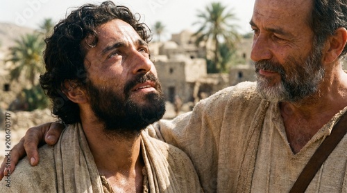 Emotional encounter of a hopeful man with Jesus Christ in an ancient Biblical village, scene of spiritual comfort and redemption.