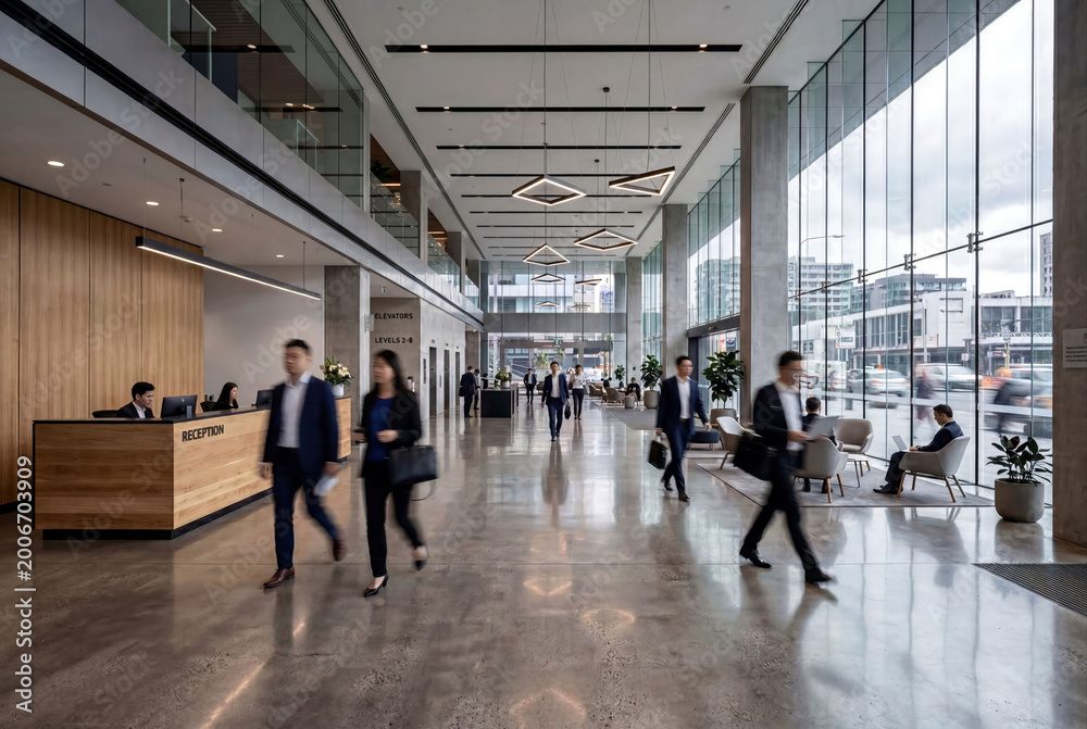 Fototapeta premium Modern Corporate Office Lobby with Motion Blur Professionals