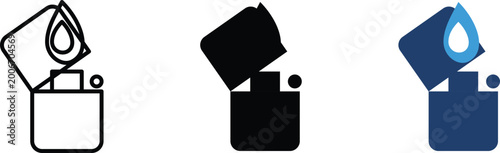 Photos Lighters are depicted in three different stylized graphic variations showing a metallic casing and a flame icon to represent ignition in a clean, minimalist design suitable for branding projects
