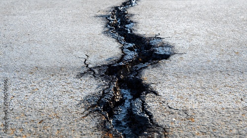 Deep dark asphalt crack on gray road surface.