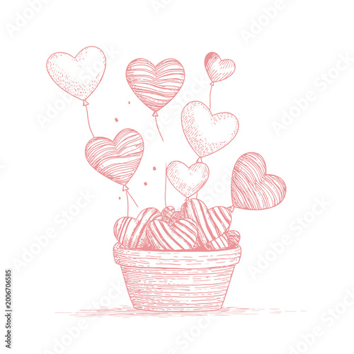 Sketch of heart-shaped balloons emerging from a pot
