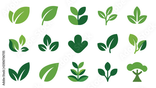 Green Leaf Plant Icons Collection, Vector Illustration Set Representing Nature, Ecology, Growth, and Botanical Symbols for Design Usage