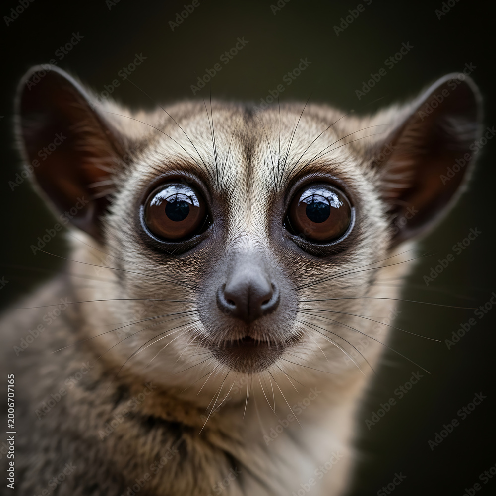 Fototapeta premium Intense close-up portrait of a small, captivating nocturnal primate with huge, reflective eyes against a dark, blurred background
