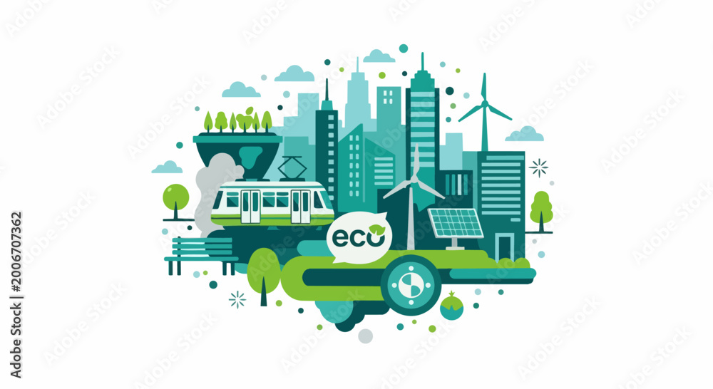 Obraz premium Sustainable Green Smart City Vector Concept with Renewable Energy, Wind Turbines, Solar Panels, and Eco-Friendly Public Transit on White Background