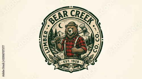 Cuadro en lienzo Vintage lumberjack bear illustration holding axe circle badge