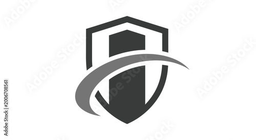 Shield logo with swoosh design element.