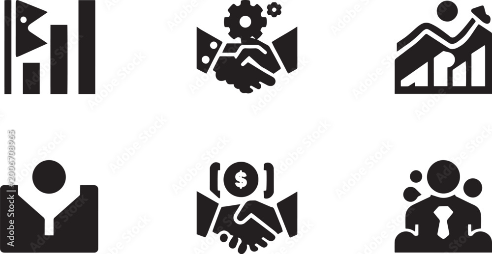Fototapeta premium Business Partnership and Financial Growth Icon Set with Handshake Agreement Revenue Chart and Leadership Symbols