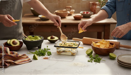 Friends sharing Mexican dip in a home kitchen