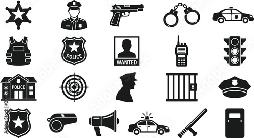 Cuadro en lienzo Silhouettes of Police-Related Icons, Including Badges, Weapons, and Vehicles