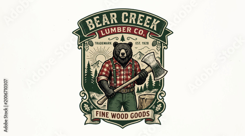 Vintage lumberjack bear logo axe forest illustration