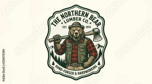 Cuadro en lienzo Illustrated bear lumberjack logo with axe
