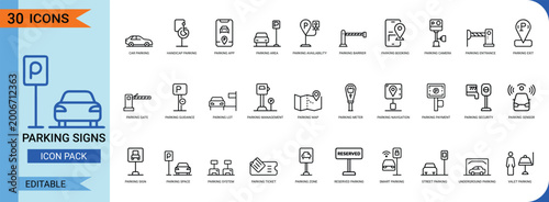 Parking zone line art icon set. Containing parking sign, meter, garage, car park, vehicle, ticket, payment, barrier, space, lot, valet, and more. Vector graphics.