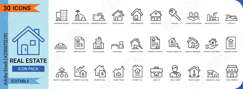 Real estate line art icon set. Containing house, building, property, apartment, home, office, commercial, residential, sale, rent, mortgage, investment, and more. Vector graphics.