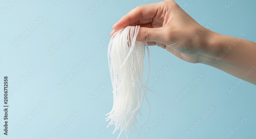 Fototapeta premium Close-up of a hand holding delicate white rice vermicelli noodles, an essential ingredient for Asian cuisine