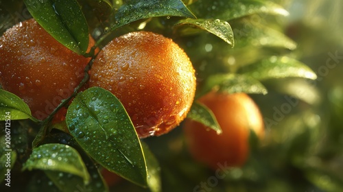 close-up oranges among fresh leaves, dew drops on leaves, soft sunlight, high detail, realistic colors