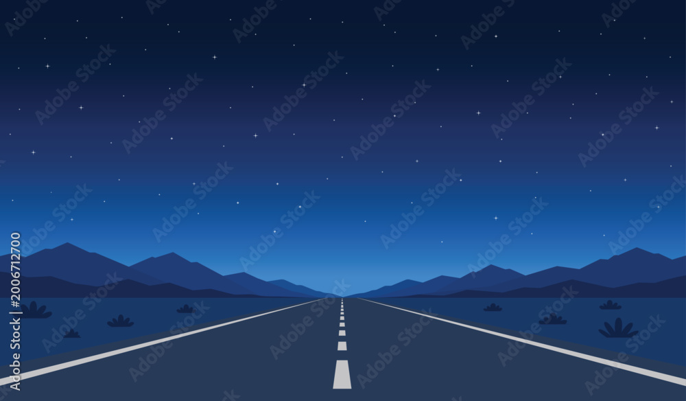 Naklejka premium Straight asphalt road at night leading to mountain range under a starry sky vector illustration.