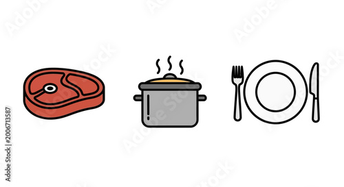 Fotografia Steak plate with utensils and pot.