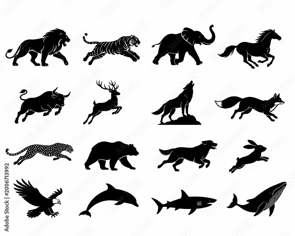 Obraz premium set of silhouettes of animals elegantly rendered in stark black, forming a diverse visual symphony of wildlife.