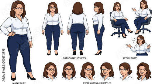 Obraz na płótnie Cartoon Character Design with Various Poses, Expressions, and Hairstyles for Ill