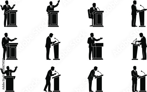 Photos Business speaker silhouettes at podium delivering speech presentation vector set