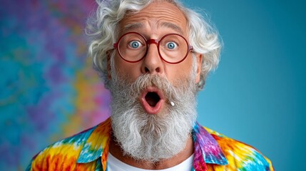 Elderly man with white hair and beard wearing colorful tie-dye shirt and round glasses, expressing surprise against a vibrant blue and multicolored background