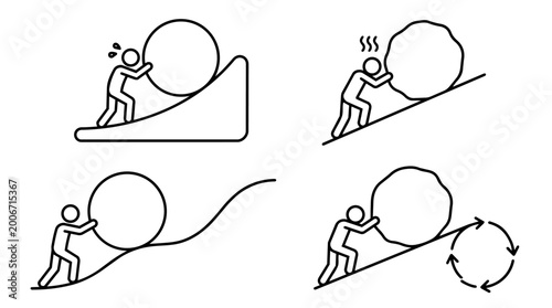 Foto Sisyphus Pushing Boulder Uphill Stick Figure Line Icon Set Concept
