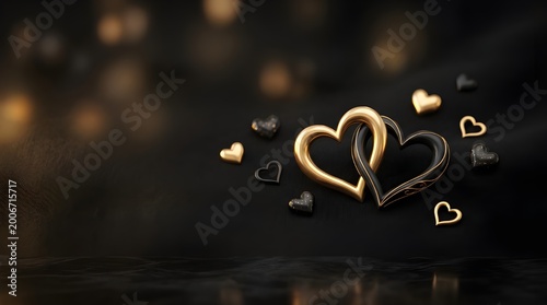 Elegant golden double heart rings on dark background, symbolizing love, marriage, and commitment.