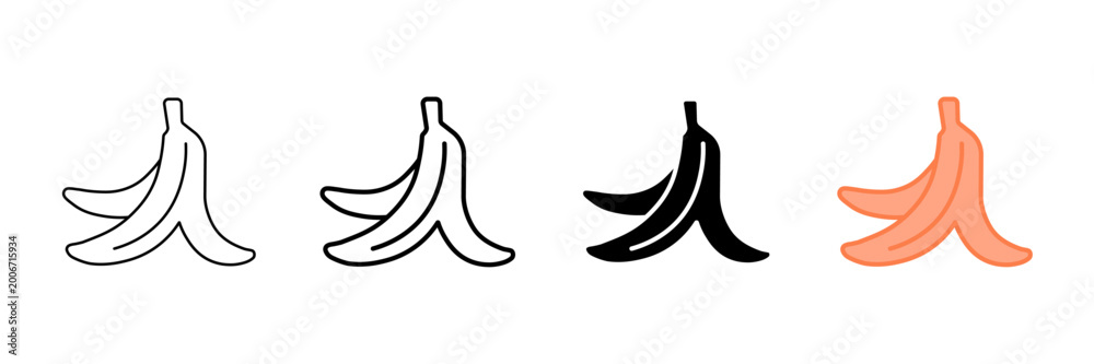 Fototapeta premium Set of minimalist banana peel icons with transparent background, featuring organic food waste symbols, slippery fruit hazard signs, and tropical skins, vector illustration