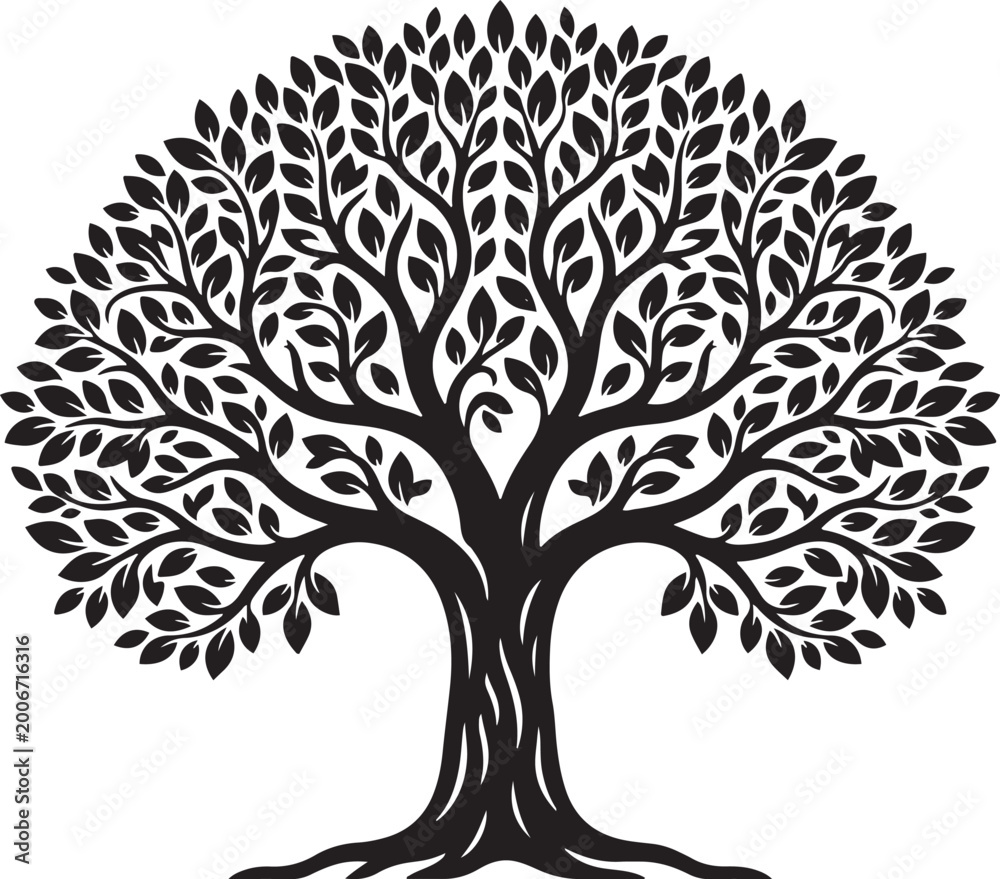 Fototapeta premium Black Stylized Tree Silhouette with Dense Leaves Vector Illustration Design
